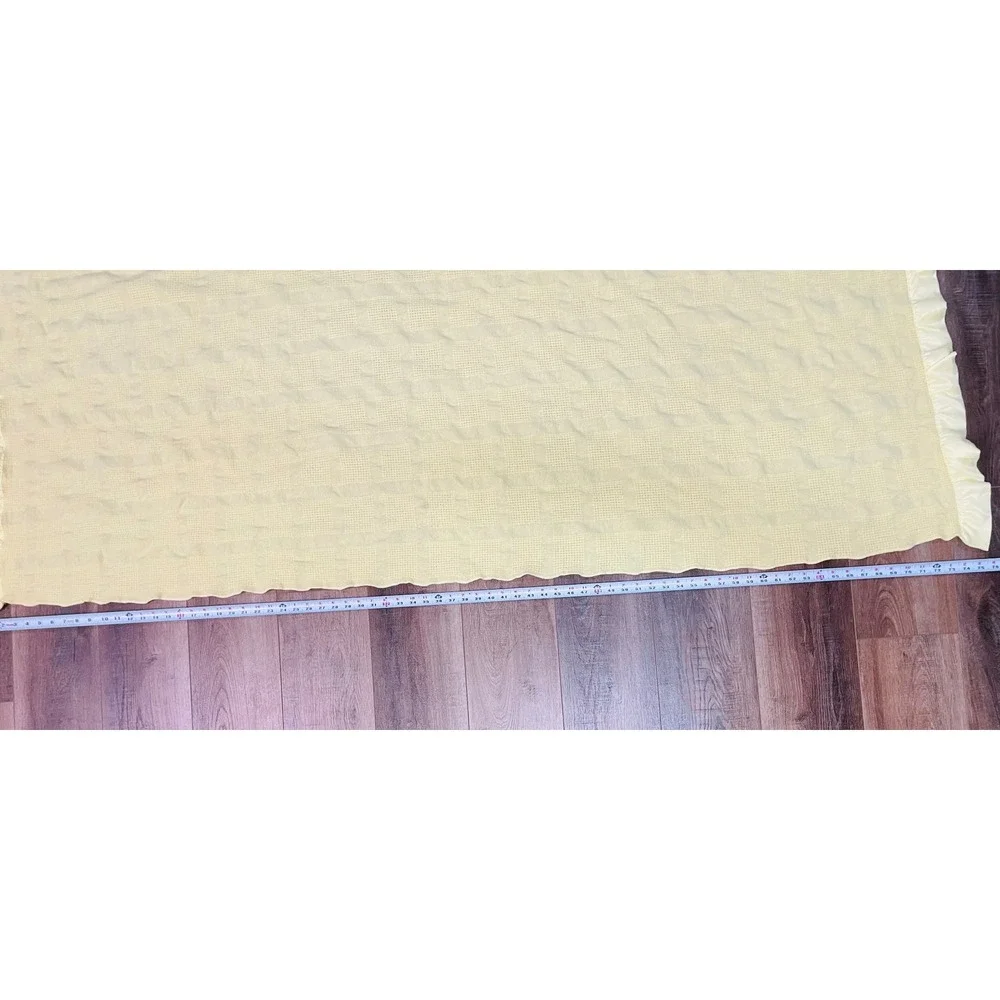 Vintage Faribo 100% Wool Blanket Yellow Waffle Weave Ruffled Satin Trim 53x76